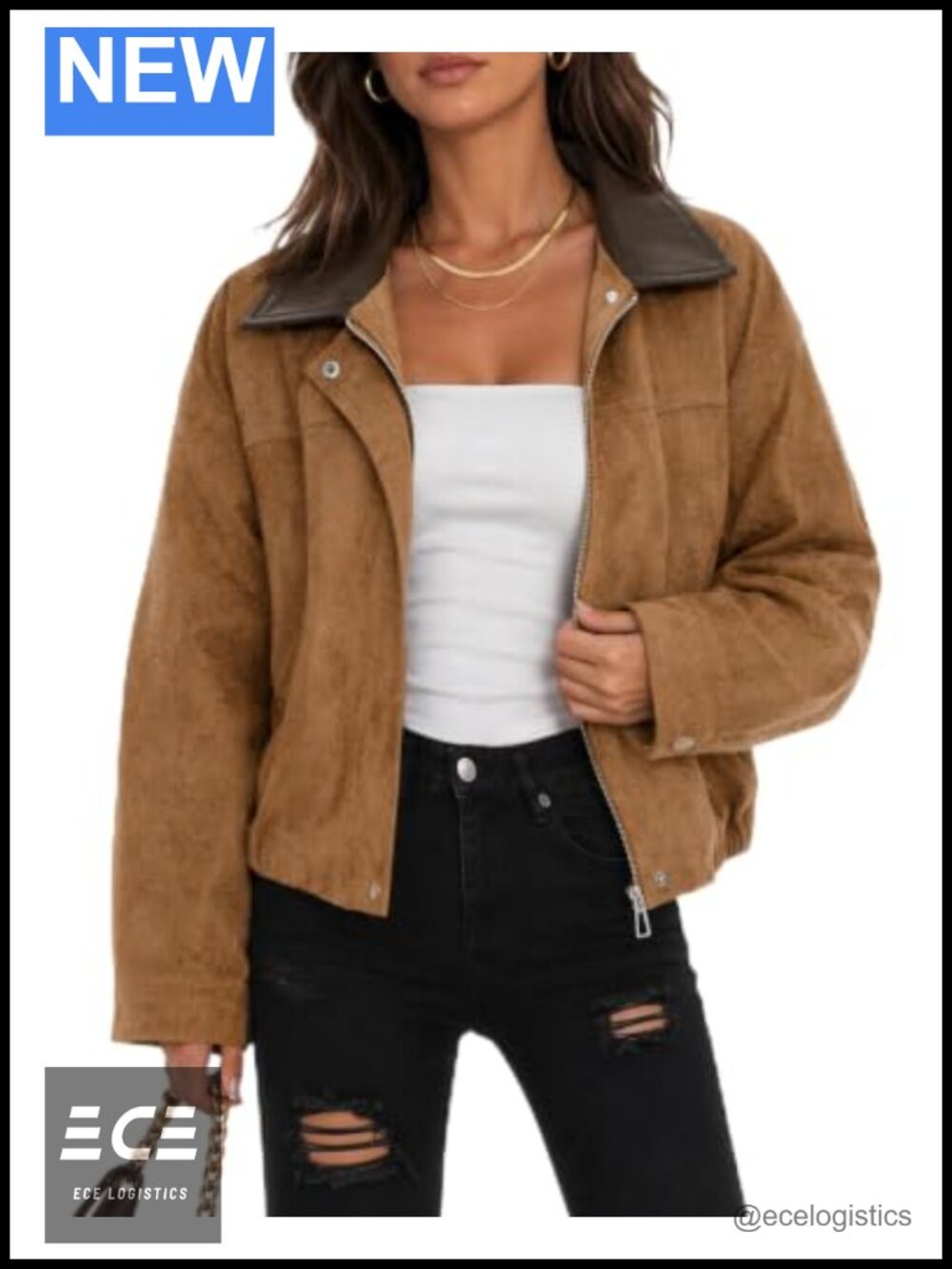 Women's Faux Suede Jacket Zip Up Bomber Cropped Coat Fitted